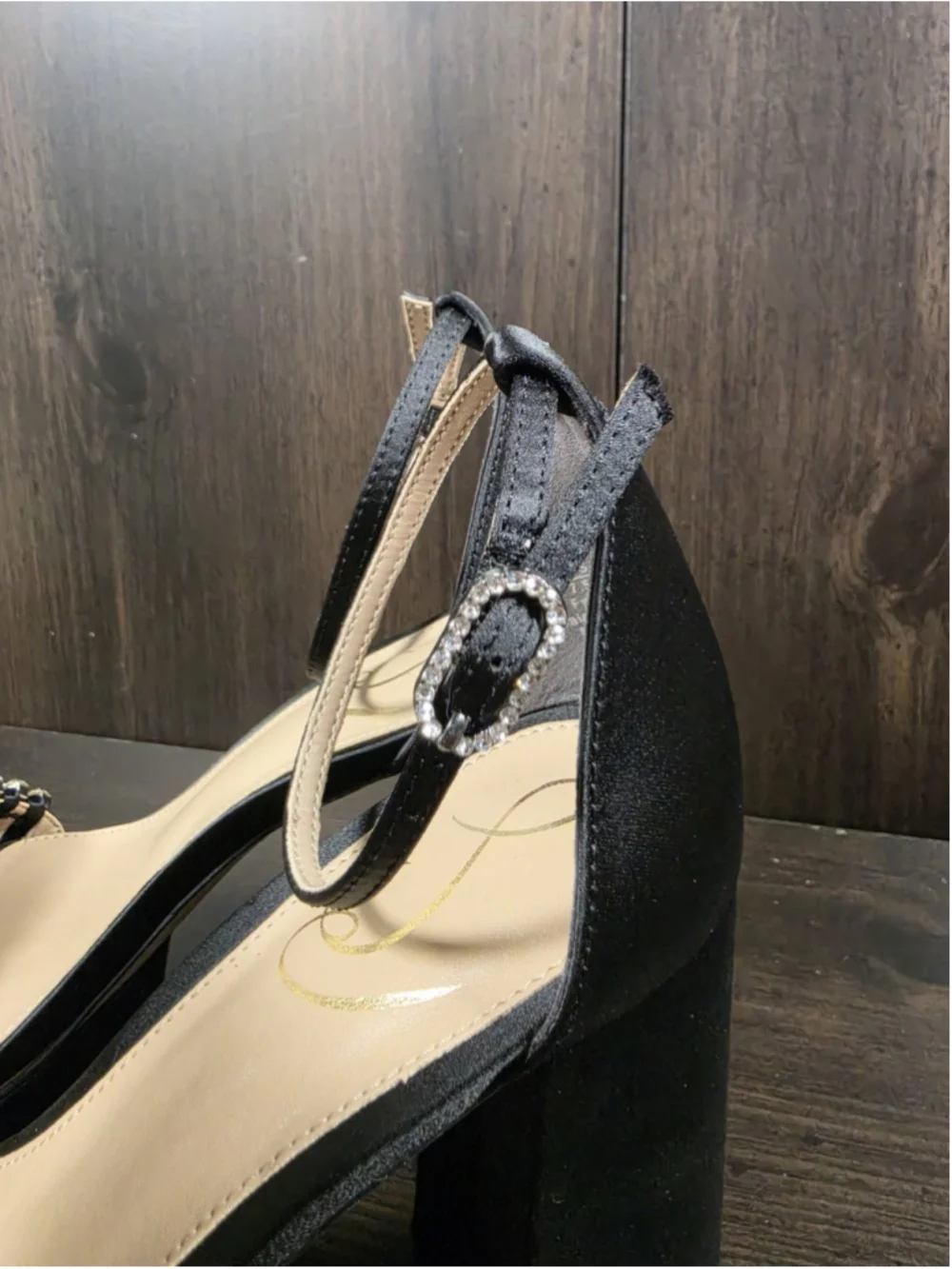 Sam Edelman Ninette Crystal Rhinestones Pleated Block Heels 7.5 M Black Satin